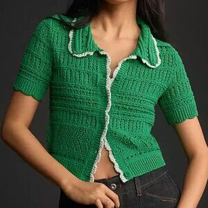 Maeve Short-Sleeve Open-Stitch Polo Cardigan Sweater